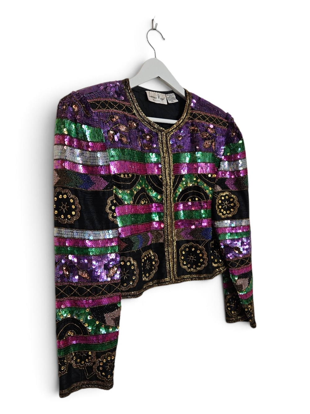 Laurence Kazar NY Silk Beaded Sequin Jacket PL Cropped 80s Purple Green Gold